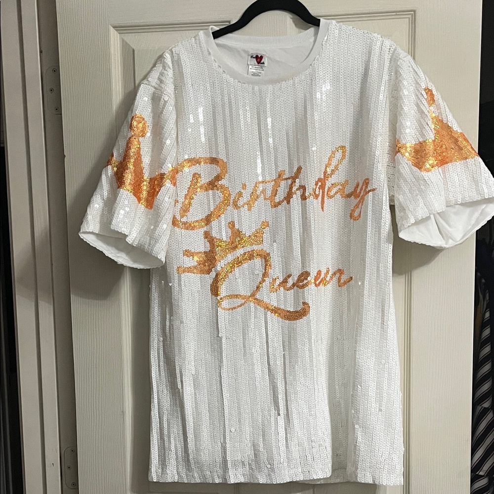 White Sequin Birthday Queen T-Shirt